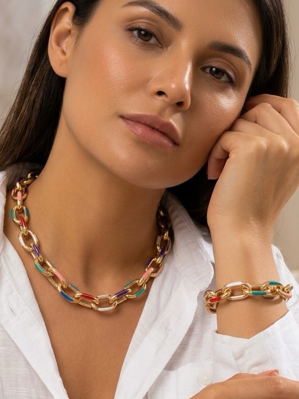New! Gold Multi-Color Enamel Link Necklace & Bracelet Set B08-01